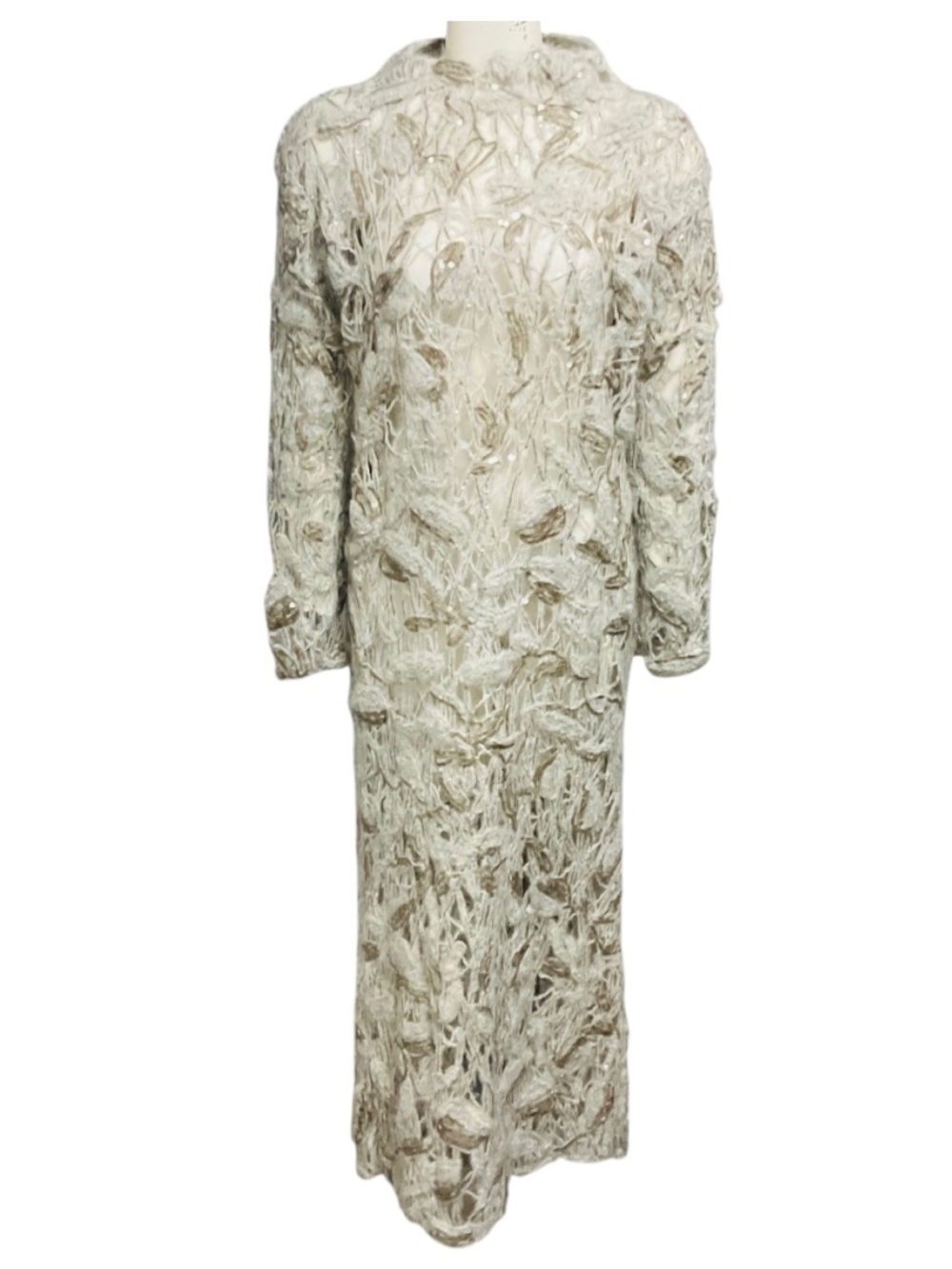 BRUNELLO CUCINELLI GREY / BEIGE SEQUINED LEAF CROCHET MOHAIR KNIT MIDI DRESS
